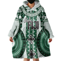 Bula Fiji Vintage Wearable Blanket Hoodie Phthalo Green Masi Motifs LT7 - Polynesian Pride