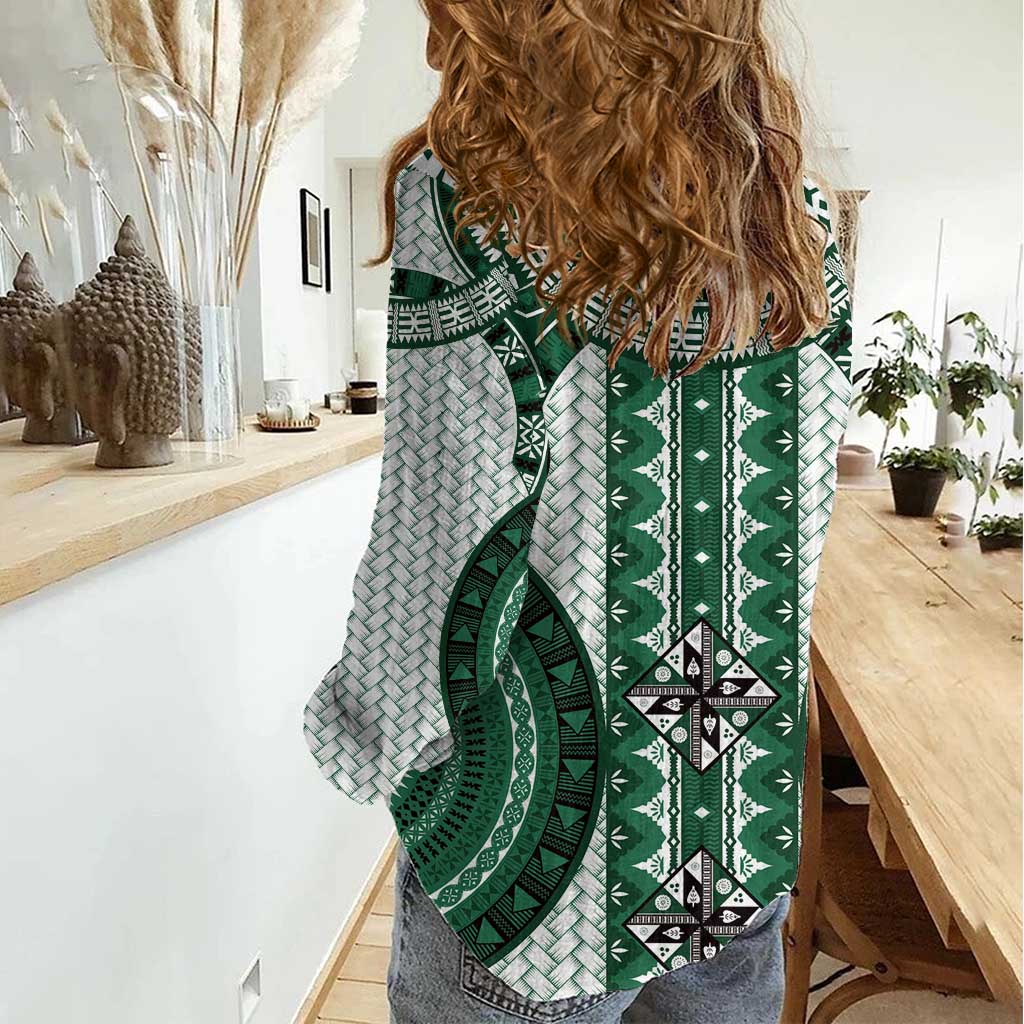 Bula Fiji Vintage Women Casual Shirt Phthalo Green Masi Motifs LT7 - Polynesian Pride