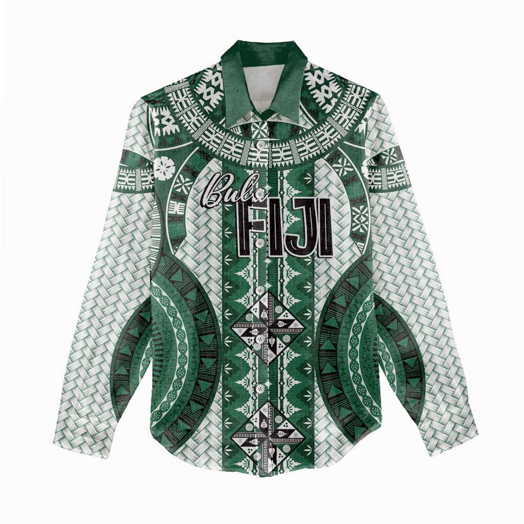 Bula Fiji Vintage Women Casual Shirt Phthalo Green Masi Motifs LT7 - Polynesian Pride