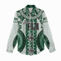 Bula Fiji Vintage Women Casual Shirt Phthalo Green Masi Motifs LT7 - Polynesian Pride