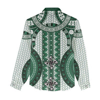 Bula Fiji Vintage Women Casual Shirt Phthalo Green Masi Motifs LT7 - Polynesian Pride