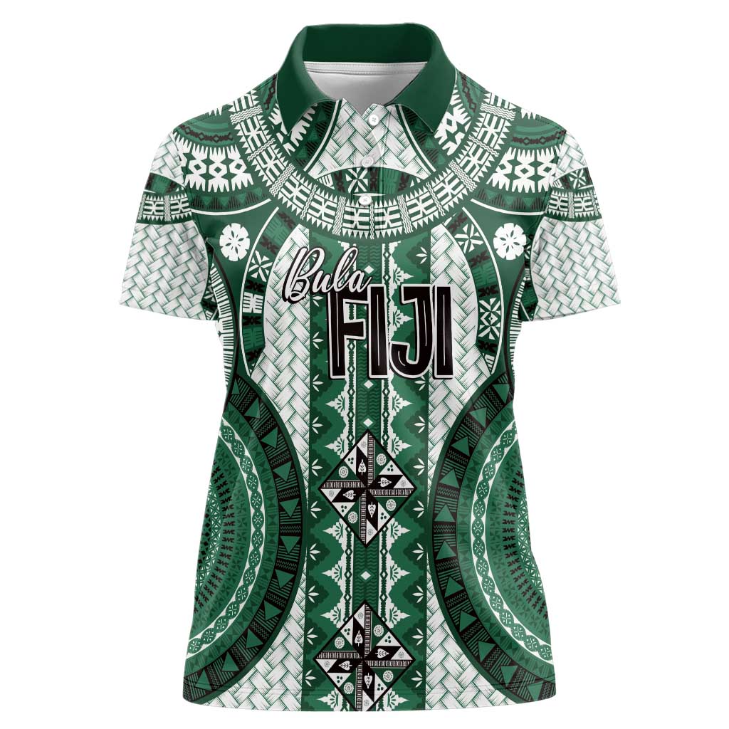 Bula Fiji Vintage Women Polo Shirt Phthalo Green Masi Motifs LT7 Female Phthalo Green - Polynesian Pride