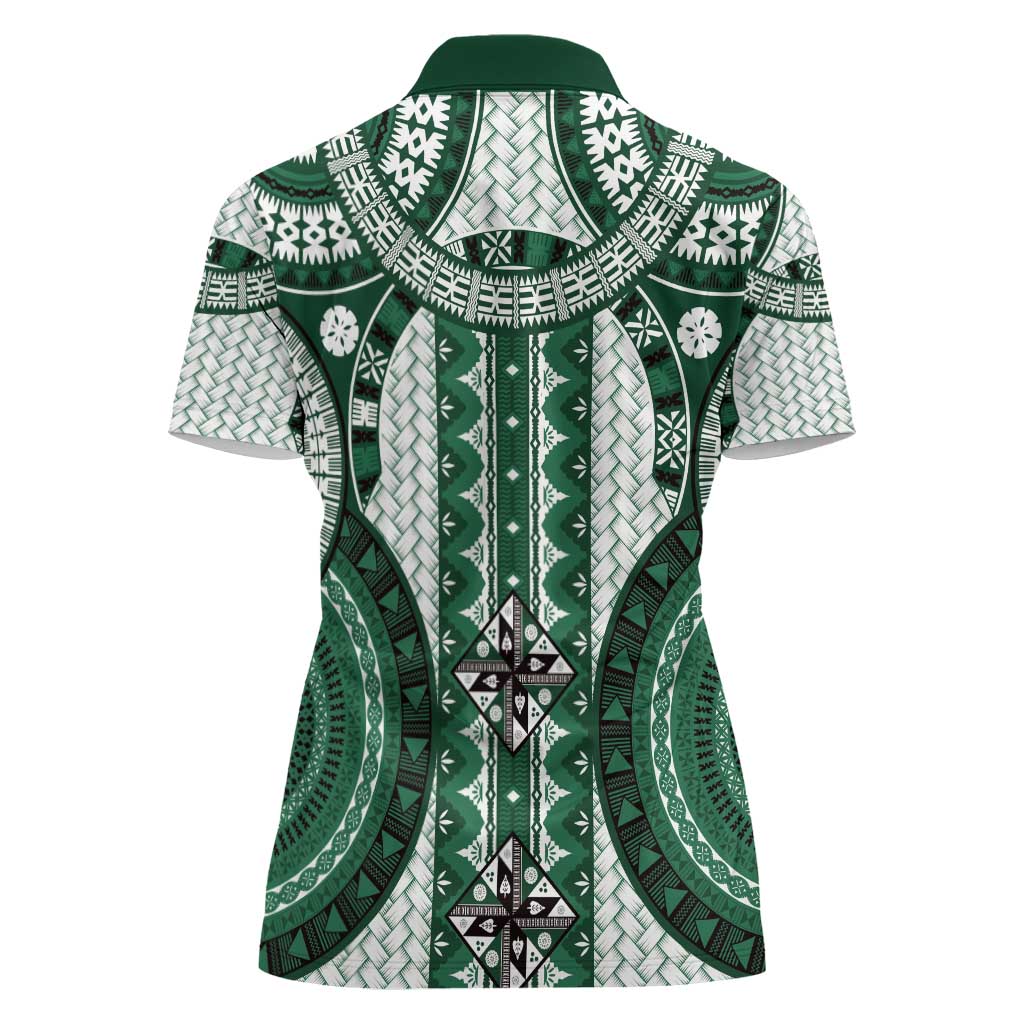 Bula Fiji Vintage Women Polo Shirt Phthalo Green Masi Motifs LT7 - Polynesian Pride
