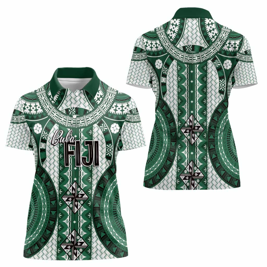 Bula Fiji Vintage Women Polo Shirt Phthalo Green Masi Motifs LT7 - Polynesian Pride