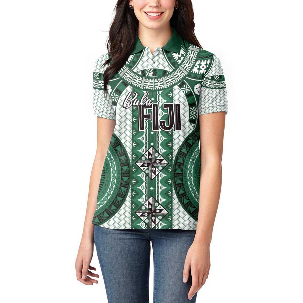 Bula Fiji Vintage Women Polo Shirt Phthalo Green Masi Motifs LT7 - Polynesian Pride