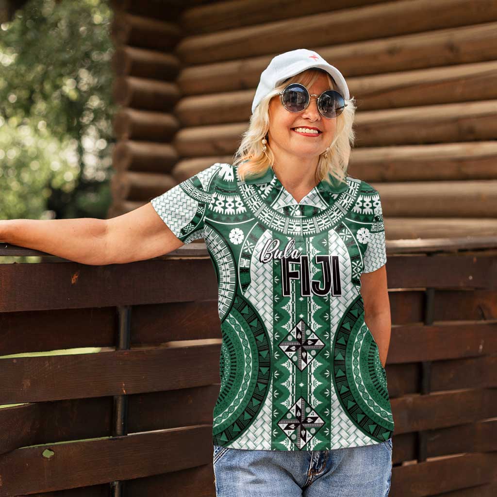 Bula Fiji Vintage Women Polo Shirt Phthalo Green Masi Motifs LT7 - Polynesian Pride