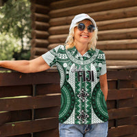 Bula Fiji Vintage Women Polo Shirt Phthalo Green Masi Motifs LT7 - Polynesian Pride