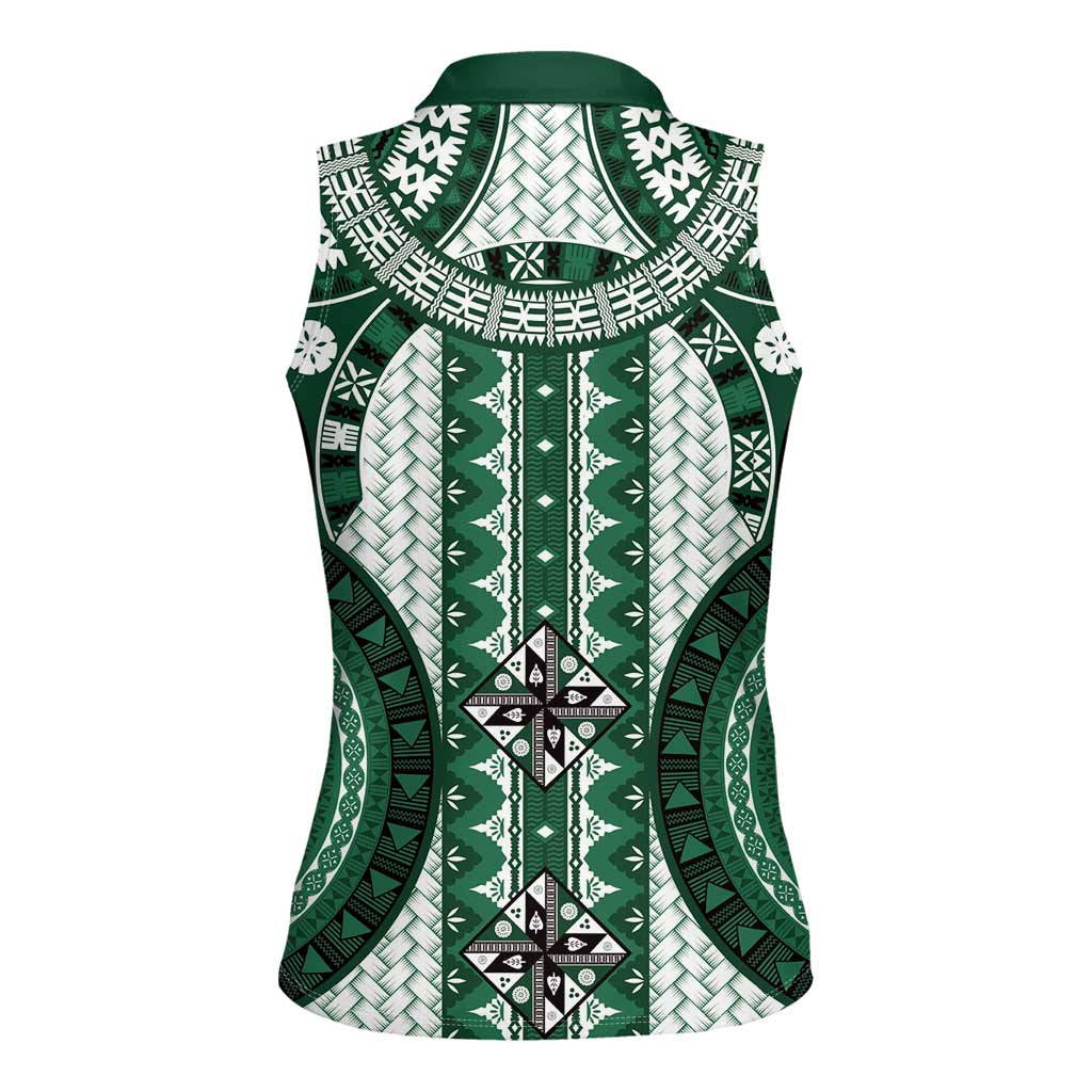 Bula Fiji Vintage Women Sleeveless Polo Shirt Phthalo Green Masi Motifs LT7 - Polynesian Pride