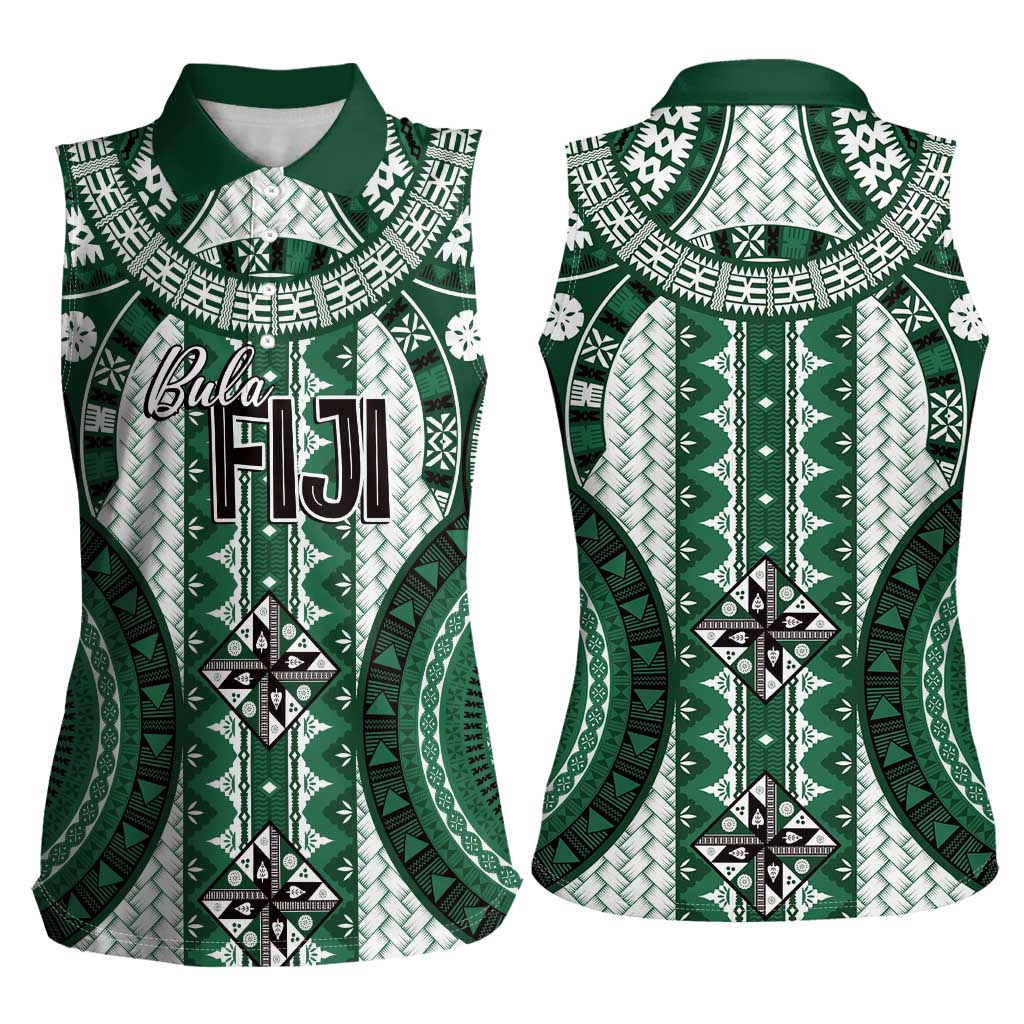Bula Fiji Vintage Women Sleeveless Polo Shirt Phthalo Green Masi Motifs LT7 - Polynesian Pride
