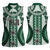 Bula Fiji Vintage Women Sleeveless Polo Shirt Phthalo Green Masi Motifs LT7 - Polynesian Pride
