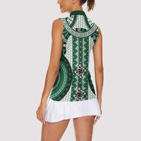 Bula Fiji Vintage Women Sleeveless Polo Shirt Phthalo Green Masi Motifs LT7 - Polynesian Pride