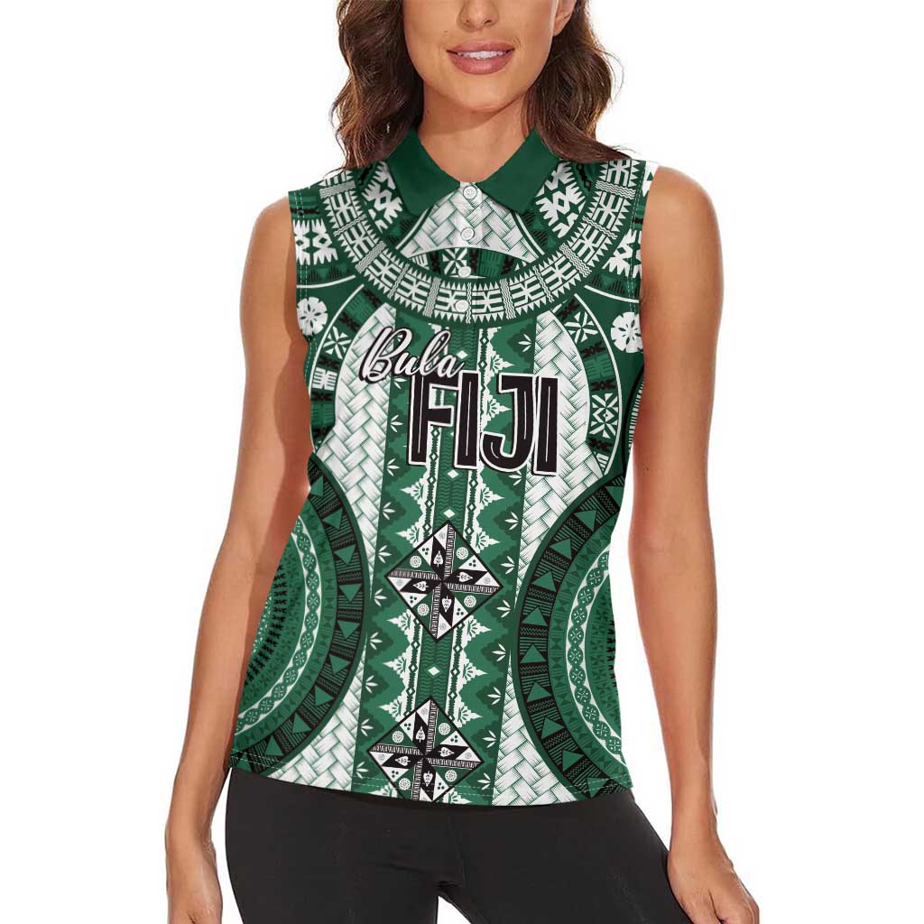 Bula Fiji Vintage Women Sleeveless Polo Shirt Phthalo Green Masi Motifs LT7 - Polynesian Pride