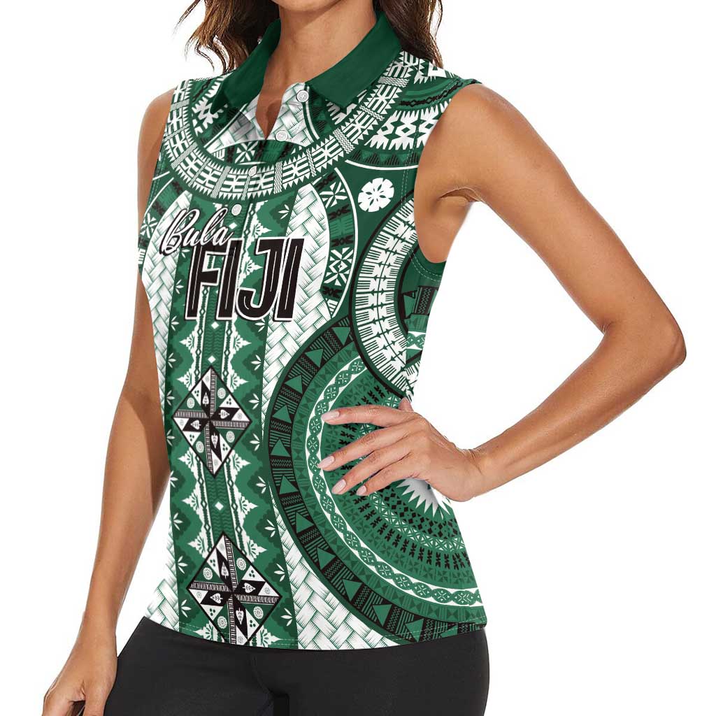 Bula Fiji Vintage Women Sleeveless Polo Shirt Phthalo Green Masi Motifs LT7 - Polynesian Pride
