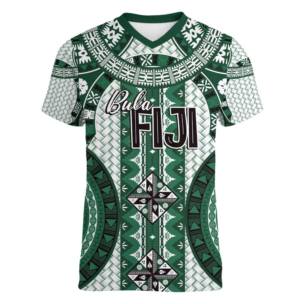 Bula Fiji Vintage Women V-Neck T-Shirt Phthalo Green Masi Motifs LT7 Female Phthalo Green - Polynesian Pride