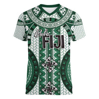 Bula Fiji Vintage Women V-Neck T-Shirt Phthalo Green Masi Motifs LT7 Female Phthalo Green - Polynesian Pride