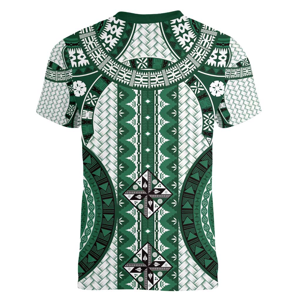 Bula Fiji Vintage Women V-Neck T-Shirt Phthalo Green Masi Motifs LT7 - Polynesian Pride
