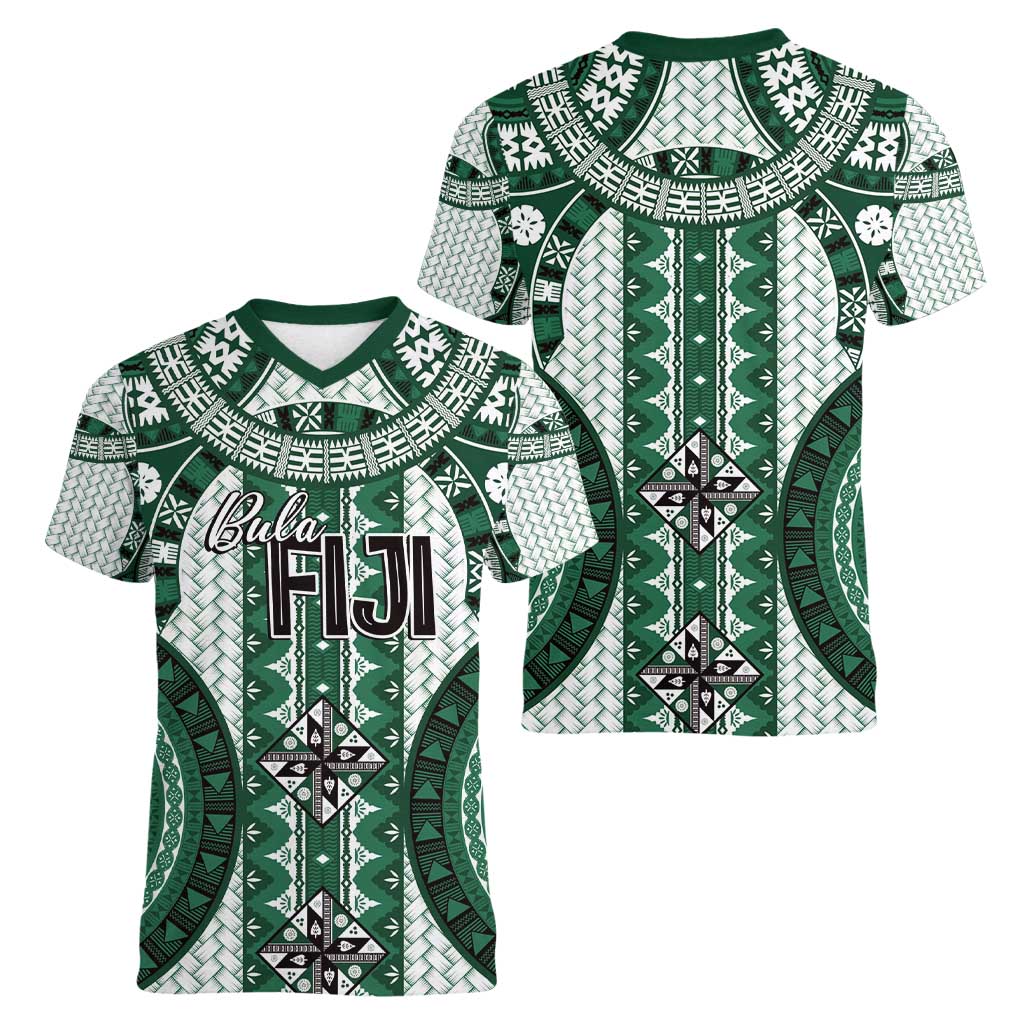 Bula Fiji Vintage Women V-Neck T-Shirt Phthalo Green Masi Motifs LT7 - Polynesian Pride