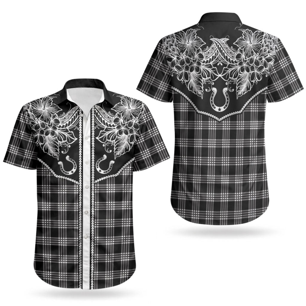 Hawai'i Paniolo Motif Black Couples Matching Off Shoulder Short Dress and Hawaiian Shirt Floral Palaka Print LT7 - Polynesian Pride