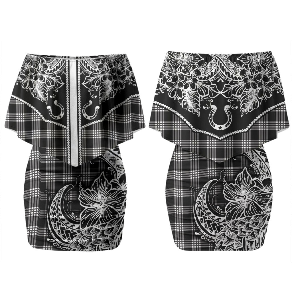 Hawai'i Paniolo Motif Black Couples Matching Off Shoulder Short Dress and Long Sleeve Button Shirt Floral Palaka Print LT7 - Polynesian Pride