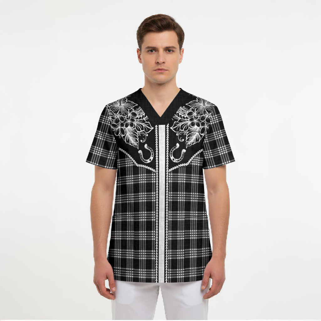 Hawai'i Paniolo Motif Black Scrub Top Floral Palaka Print LT7 - Polynesian Pride