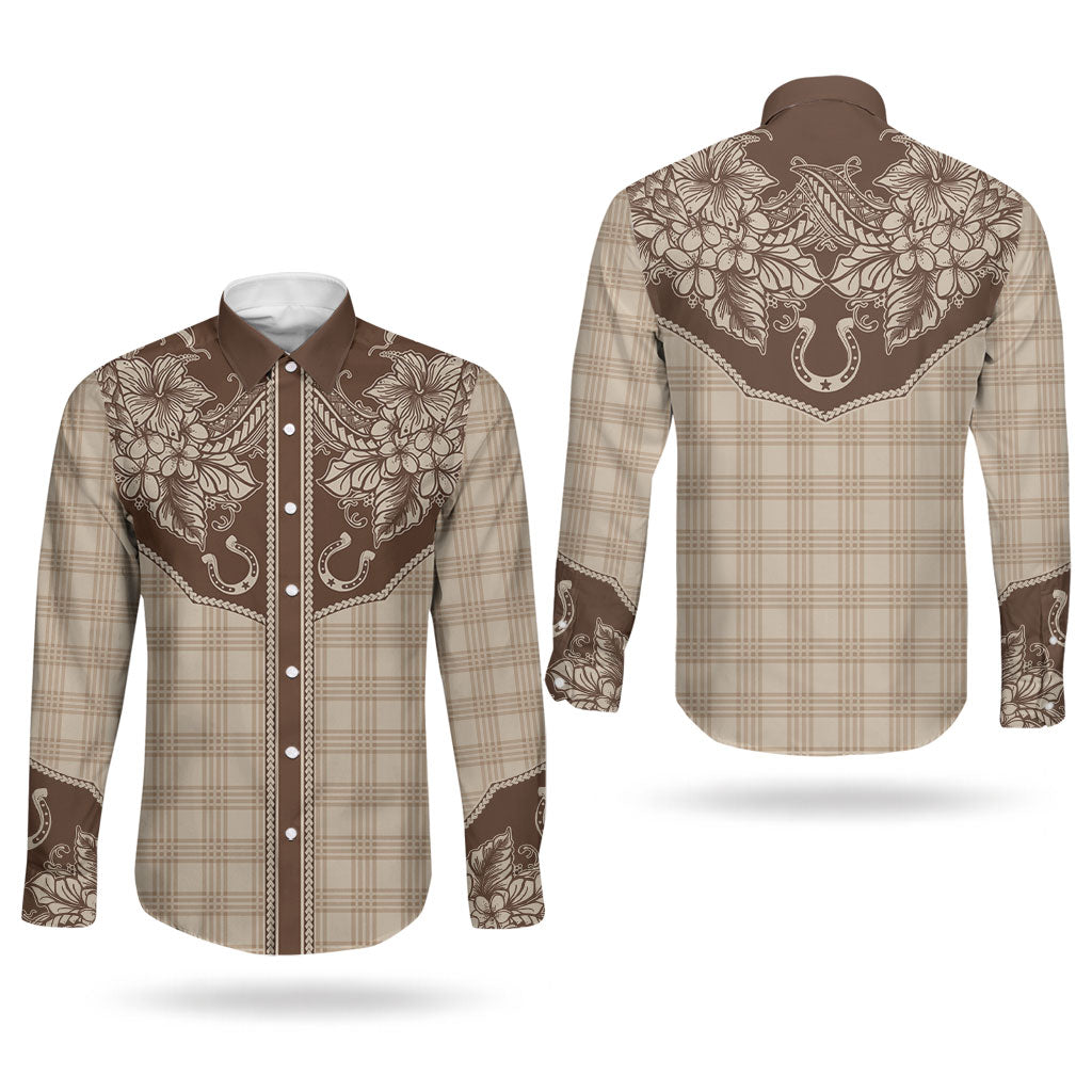 Hawai'i Paniolo Motif Leather Brown Couples Matching Mermaid Dress and Long Sleeve Button Shirt Floral Palaka Print LT7 - Polynesian Pride