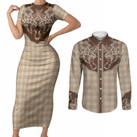Hawai'i Paniolo Motif Leather Brown Couples Matching Short Sleeve Bodycon Dress and Long Sleeve Button Shirt Floral Palaka Print LT7 Brown - Polynesian Pride