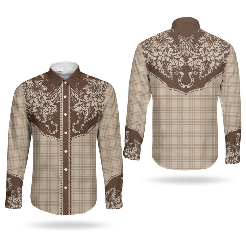 Hawai'i Paniolo Motif Leather Brown Couples Matching Short Sleeve Bodycon Dress and Long Sleeve Button Shirt Floral Palaka Print LT7 - Polynesian Pride
