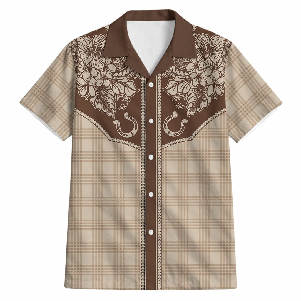 Hawai'i Paniolo Motif Leather Brown Hawaiian Shirt Floral Palaka Print