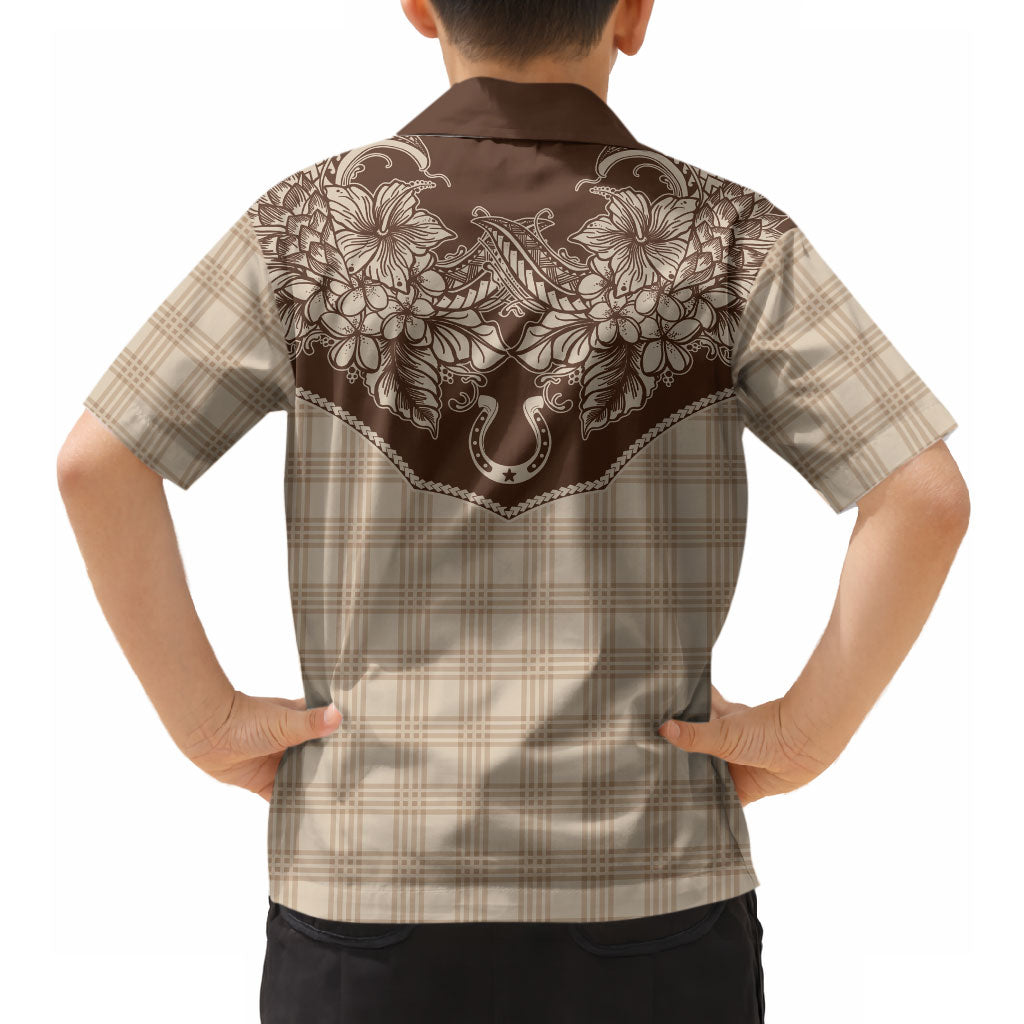 Hawai'i Paniolo Motif Leather Brown Hawaiian Shirt Floral Palaka Print LT7 - Polynesian Pride