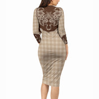 Hawai'i Paniolo Motif Leather Brown Long Sleeve Bodycon Dress Floral Palaka Print LT7 - Polynesian Pride