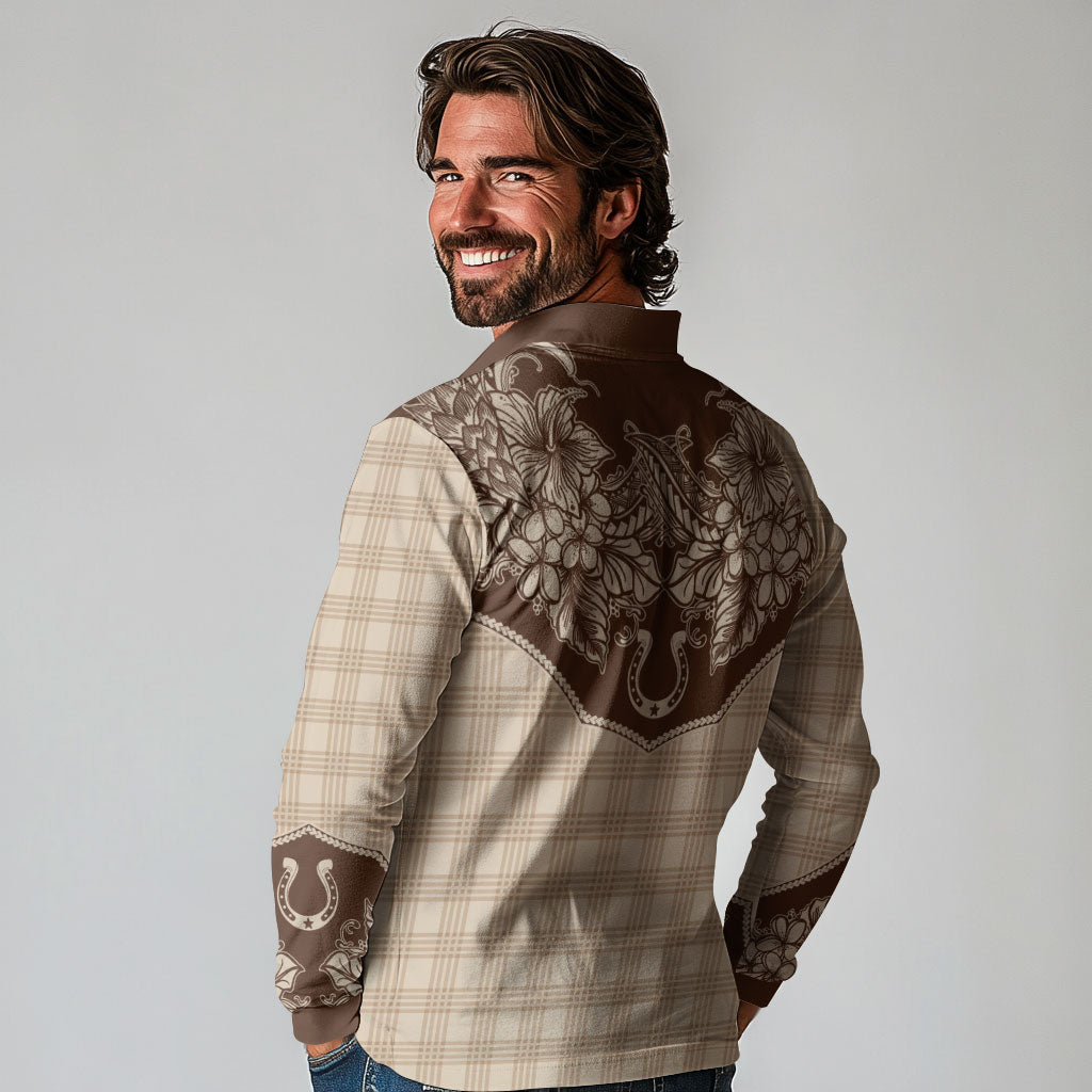 Hawai'i Paniolo Motif Leather Brown Long Sleeve Polo Shirt Floral Palaka Print LT7 - Polynesian Pride