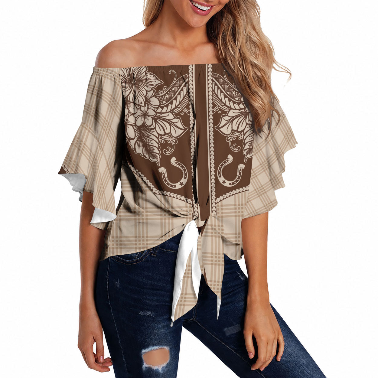 Hawai'i Paniolo Motif Leather Brown Off Shoulder Wrap Waist Top Floral Palaka Print LT7 Brown - Polynesian Pride