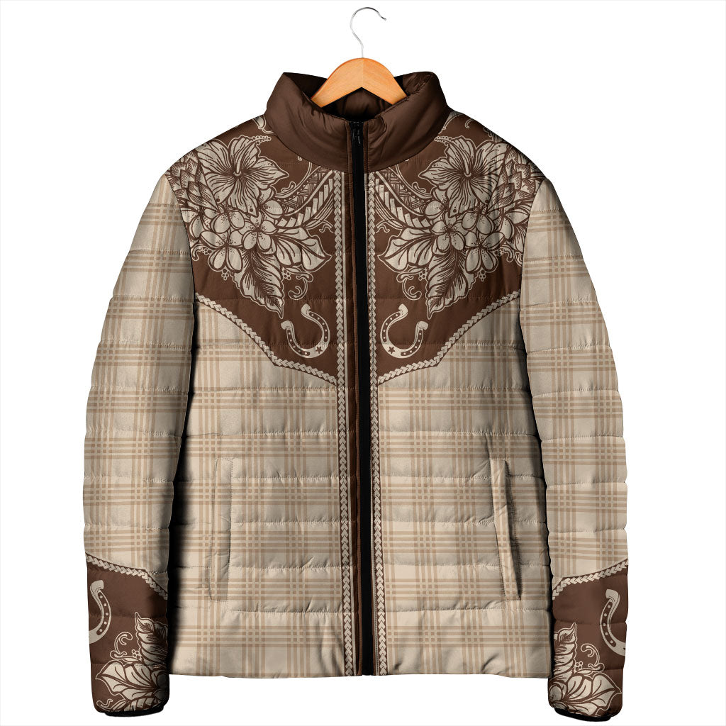 Hawai'i Paniolo Motif Leather Brown Padded Jacket Floral Palaka Print LT7 - Polynesian Pride