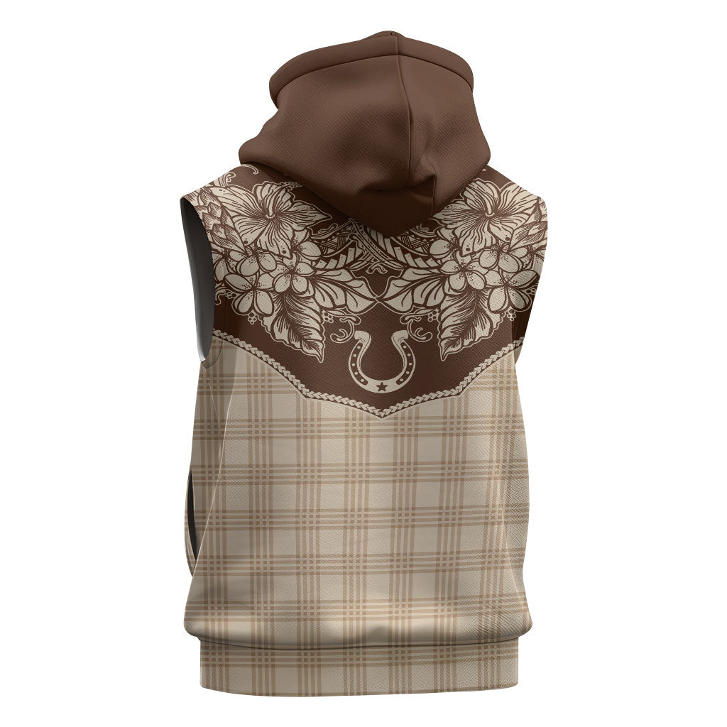 Hawai'i Paniolo Motif Leather Brown Sleeveless Hoodie Floral Palaka Print LT7 - Polynesian Pride