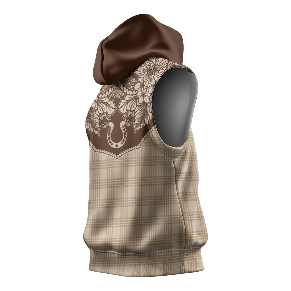 Hawai'i Paniolo Motif Leather Brown Sleeveless Hoodie Floral Palaka Print LT7 - Polynesian Pride