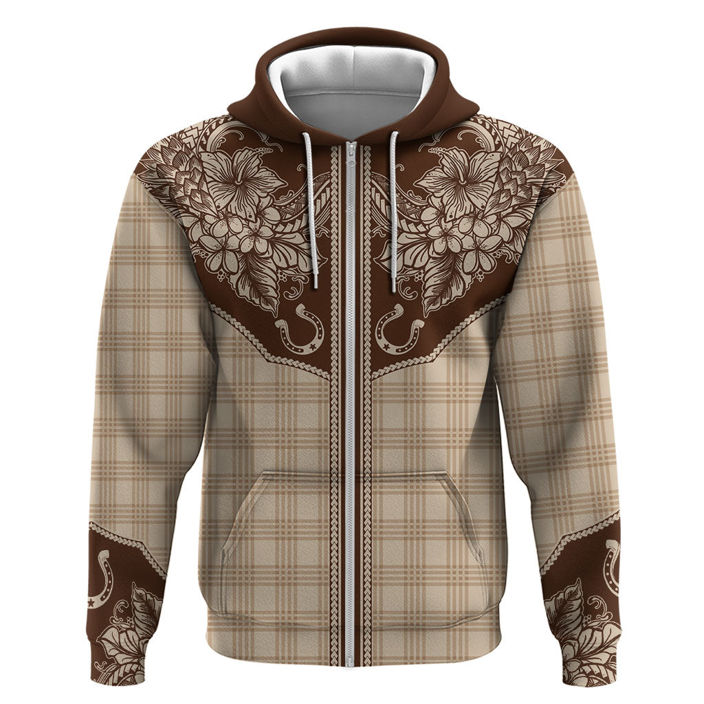 Hawai'i Paniolo Motif Leather Brown Zip Hoodie Floral Palaka Print LT7 Zip Hoodie Brown - Polynesian Pride