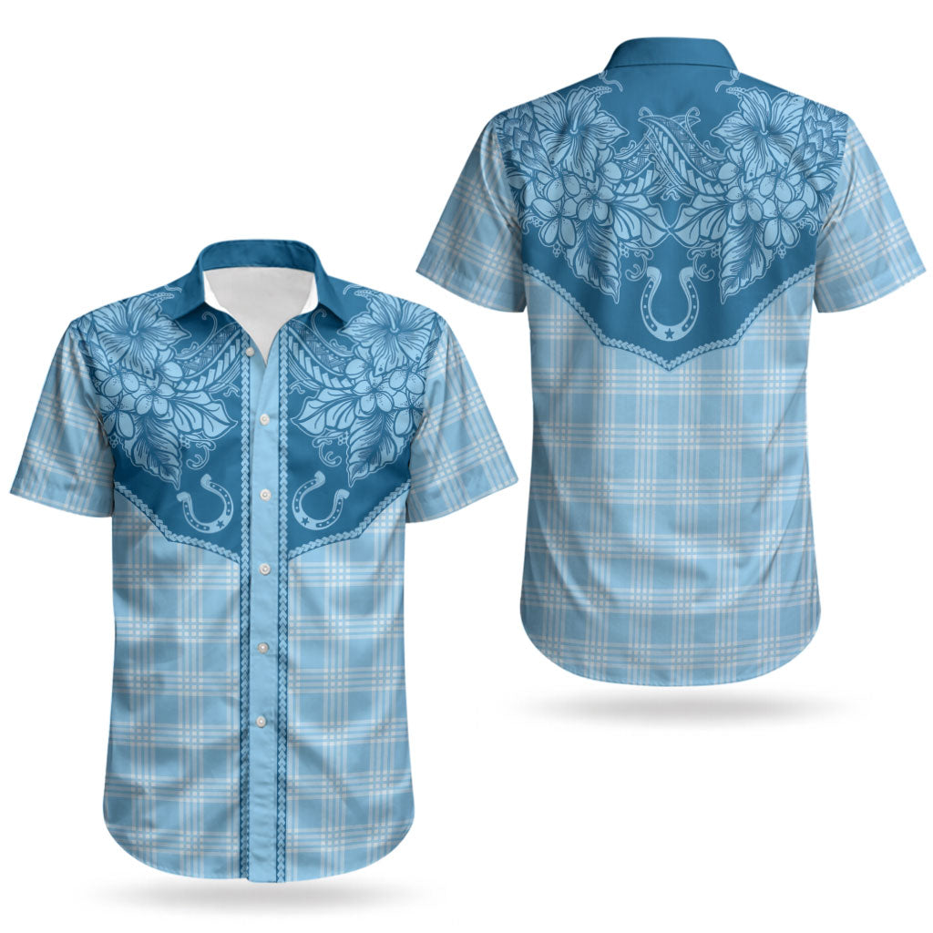 Hawai'i Paniolo Motif Deep Blue Couples Matching Puletasi and Hawaiian Shirt Floral Palaka Print LT7 - Polynesian Pride