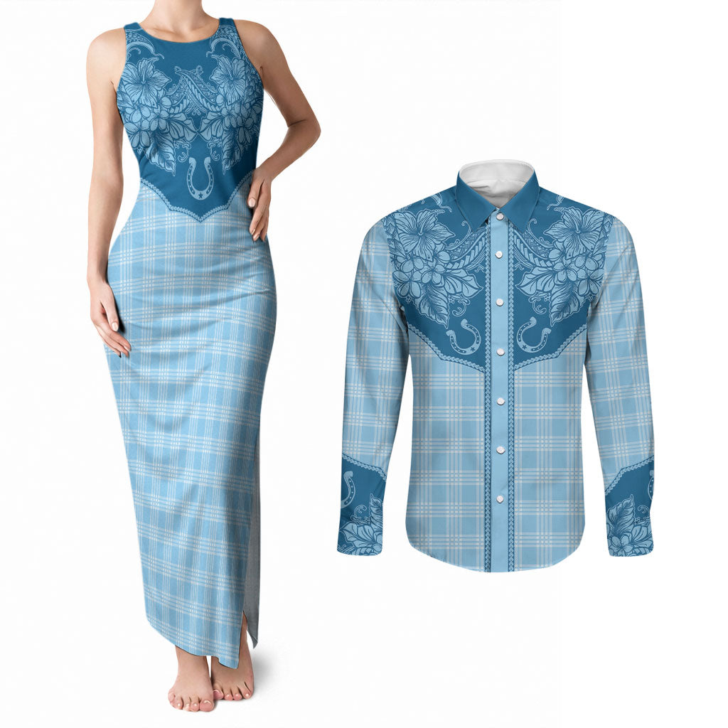 Hawai'i Paniolo Motif Deep Blue Couples Matching Tank Maxi Dress and Long Sleeve Button Shirt Floral Palaka Print