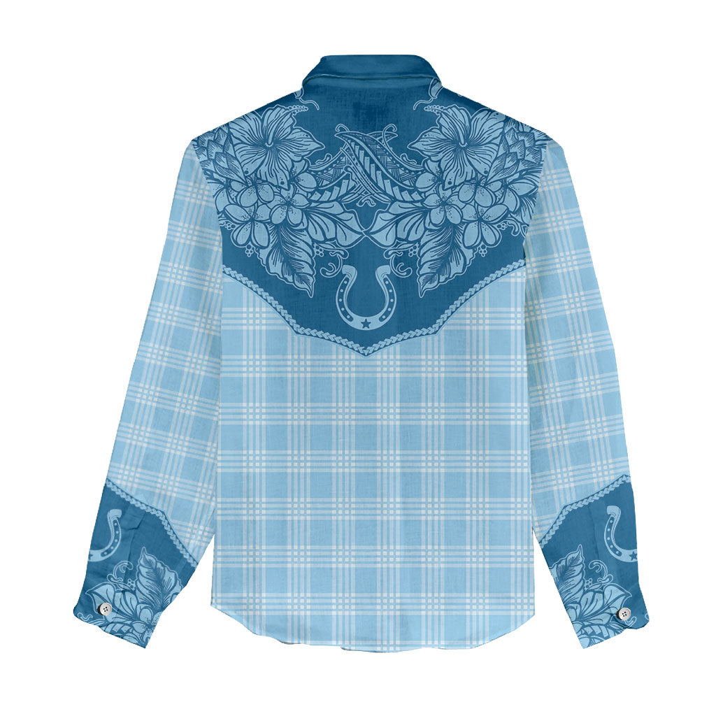 Hawai'i Paniolo Motif Deep Blue Women Casual Shirt Floral Palaka Print LT7 - Polynesian Pride