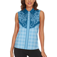 Hawai'i Paniolo Motif Deep Blue Women Sleeveless Polo Shirt Floral Palaka Print LT7 - Polynesian Pride