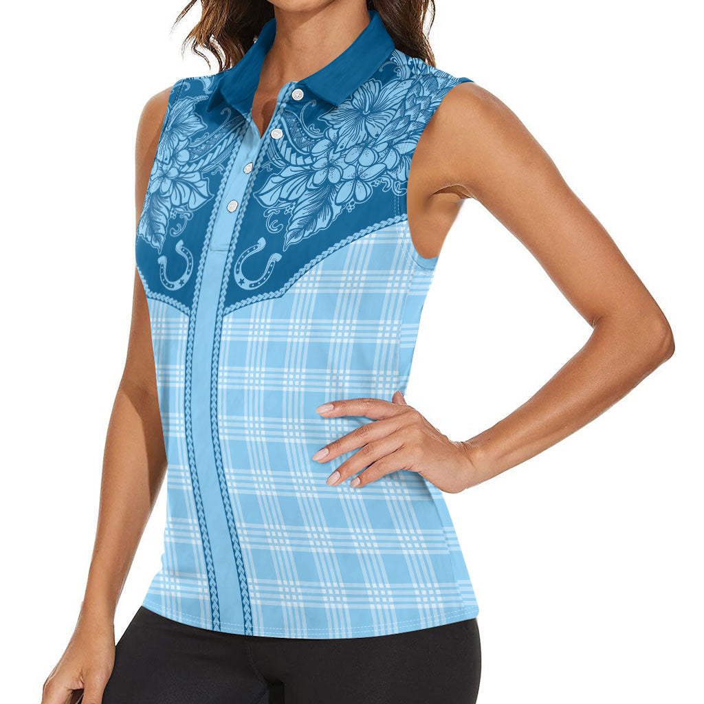 Hawai'i Paniolo Motif Deep Blue Women Sleeveless Polo Shirt Floral Palaka Print LT7 - Polynesian Pride