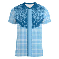 Hawai'i Paniolo Motif Deep Blue Women V-Neck T-Shirt Floral Palaka Print LT7 Female Navy Blue - Polynesian Pride