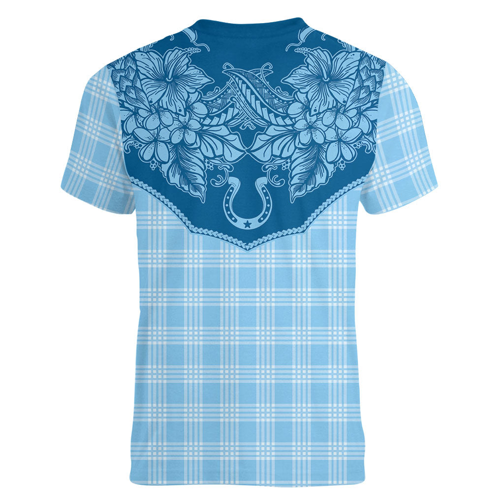 Hawai'i Paniolo Motif Deep Blue Women V-Neck T-Shirt Floral Palaka Print LT7 - Polynesian Pride