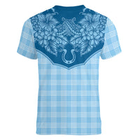 Hawai'i Paniolo Motif Deep Blue Women V-Neck T-Shirt Floral Palaka Print LT7 - Polynesian Pride