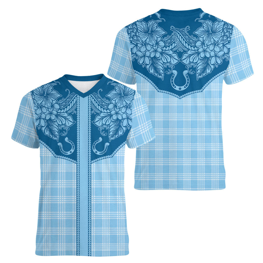 Hawai'i Paniolo Motif Deep Blue Women V-Neck T-Shirt Floral Palaka Print LT7 - Polynesian Pride