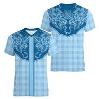 Hawai'i Paniolo Motif Deep Blue Women V-Neck T-Shirt Floral Palaka Print LT7 - Polynesian Pride
