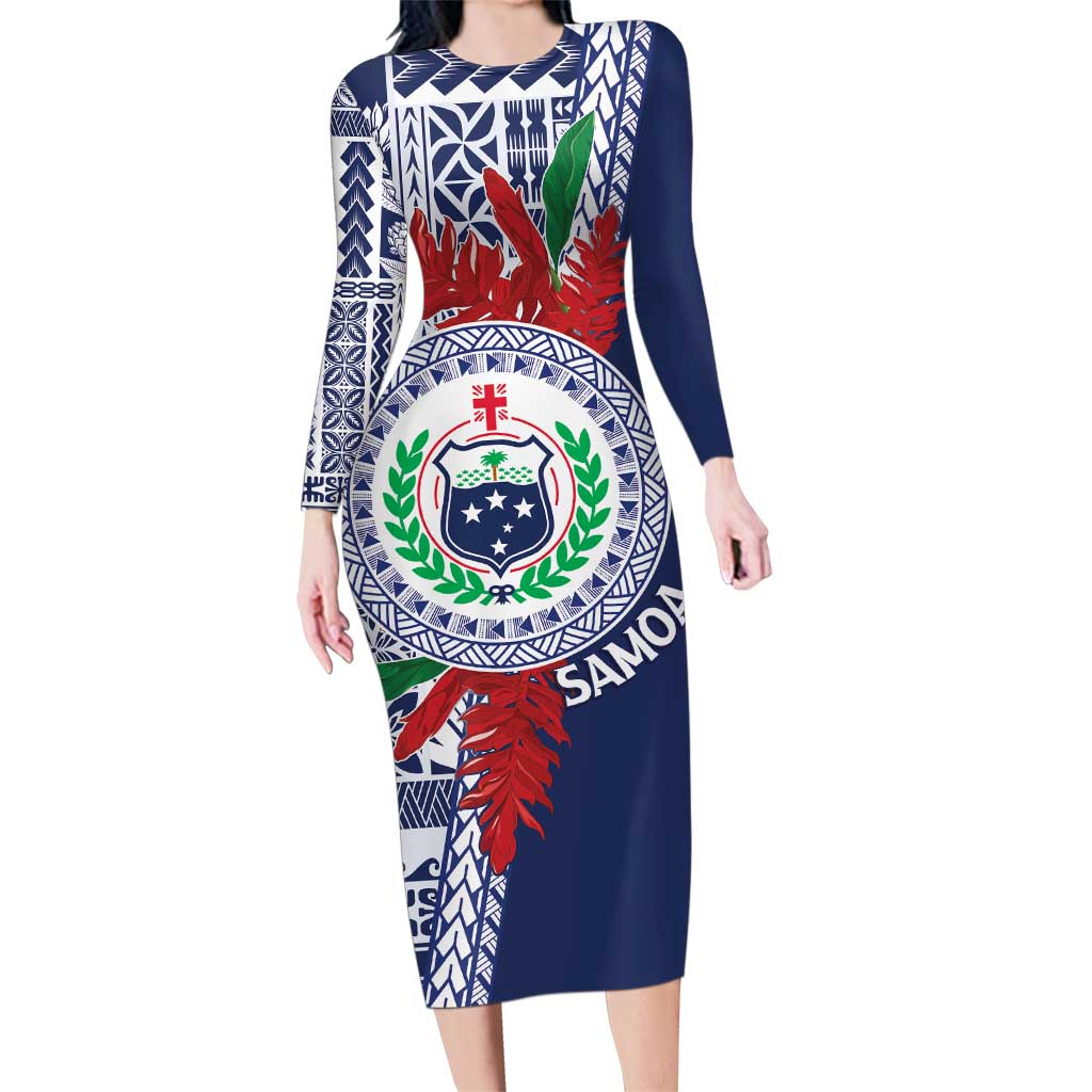 Samoa Rugby Personalized Family Matching Long Sleeve Bodycon Dress and Hawaiian Shirt Toa Samoa Myriad Siapo LT7 Mom's Dress Blue - Polynesian Pride