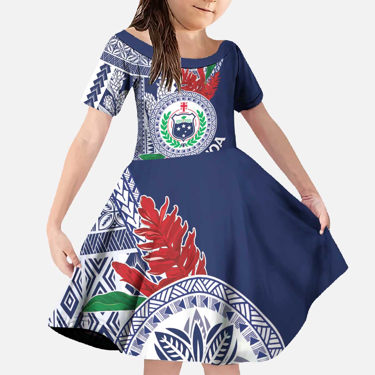Samoa Rugby Personalized Family Matching Off The Shoulder Long Sleeve Dress and Hawaiian Shirt Toa Samoa Myriad Siapo LT7 Daughter's Dress Blue - Polynesian Pride