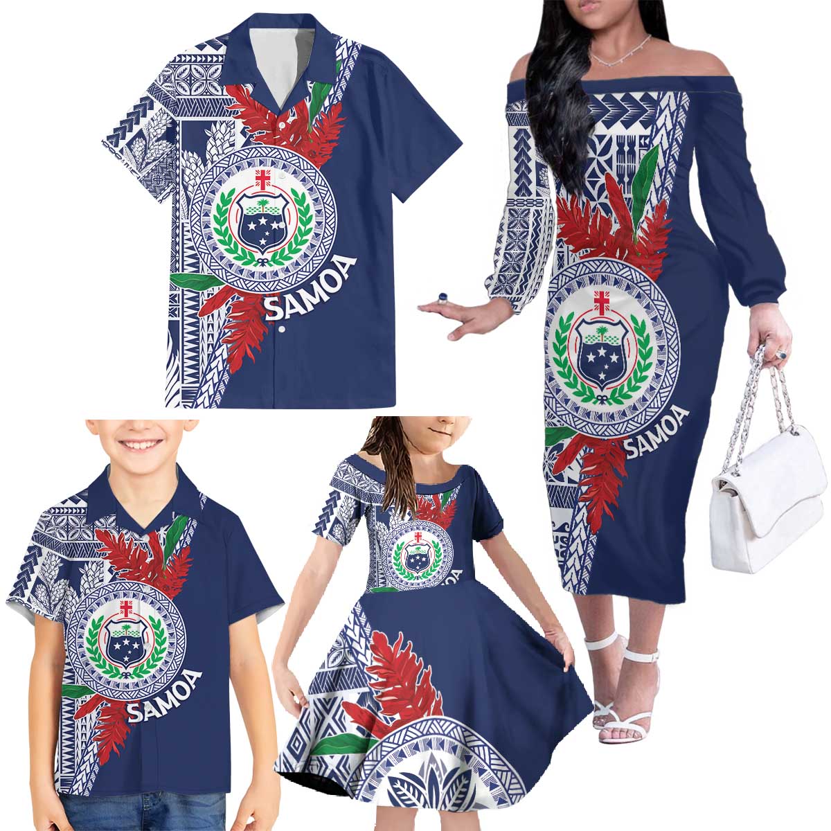 Samoa Rugby Personalized Family Matching Off The Shoulder Long Sleeve Dress and Hawaiian Shirt Toa Samoa Myriad Siapo LT7 - Polynesian Pride