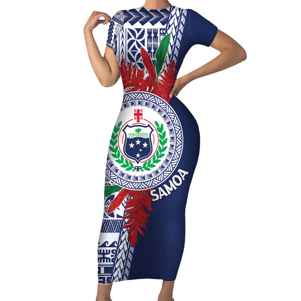 Samoa Rugby Personalized Short Sleeve Bodycon Dress Toa Samoa Myriad Siapo LT7 Long Dress Blue - Polynesian Pride